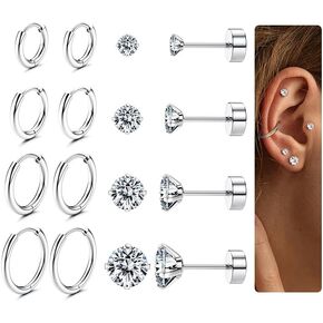 Hoop Stud Earrings Set for Multiple Piercing - Hypoallergenic Surgical Steel Earrings 14K Gold Plated Small Cartilage Huggie Hoop Earrings Flat Back Earrings for Women Men
