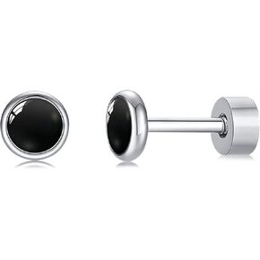 Flat Back Earrings for Women, G23 Titanium Hypoallergenic Onyx Earrings, Stone Flat Back Studs Earrings for Multiple Piercings, Nickel Free Flatback Earrings Studs(Black Onyx, 4MM)