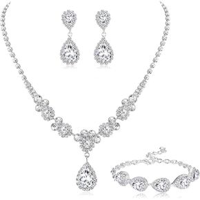 Jstyle Silver Bridal Jewelry Set for Women Rhinestone Necklace Dangle Earrings Bracelet Set Wedding Jewelry Sets for Brides Bridesmaid Crystal Prom Costume Jewelry Accessories for Women