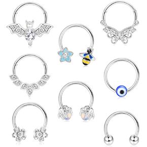 JOERICA 16G Septum Jewelry for Women Stainless Steel Horseshoe Septum Rings Cute Bee Flower Butterfly Claw Evil Eye Bead Rings Cartilage Earrings Hoop Helix Rook Daith Septum Piercing Jewelry 8/10MM
