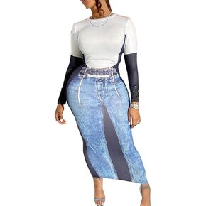 Women's Long Bodycon Dresses Colorblock Print Round Neck Long Sleeve High Waist Maxi Dress