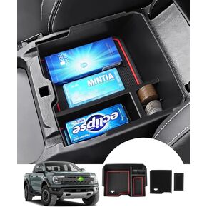 Autorder Center Console Organizer for 2024 2025 Ford Ranger Accessories Armrest Storage Box Secondary Insert Tray with 2 Color Mats (ONLY FIT Mechanical handbrake Version)