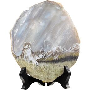 Nupuyai Natural Agate Stone Slice Decor for Home Office, Irregular Geode Agate Painting Artwork with Wooden Stand, Landscape-2