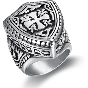 Knight Shield Cross Ring, Crusader Cross Biker Ring for Men, Medieval Shield Cross Ring Celtic Knight Crusader Templar Jewelry, Punk Crusader Shield Ring Vintage Sword Cross Ring for mens