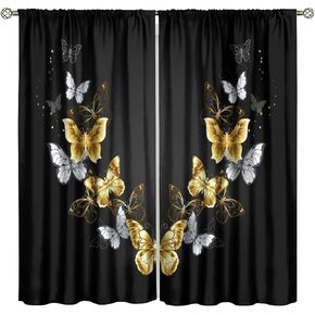 Butterfly Curtains Black Gold Fantasy Theme Black Background Rod Pocket Blackout Window Drapes for Bedroom Living Room Kitchen Cafe Decor （W21xL45 Inch） X2 Decor