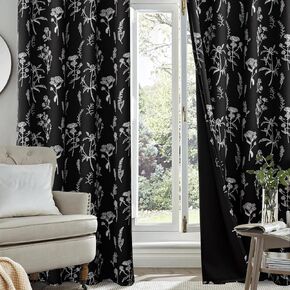 F-CHU 100% Blackout Curtains for Bedroom 63 inch Long 2 Panels Botanical Floral Curtains Black Lined Curtains Thermal Insulated Room Darkening Grommet Window Drapes,52Wx63L Black
