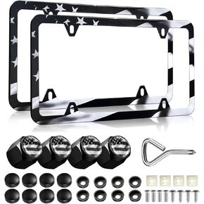 LIN KANG Black American Flag License Plate Frames - 2 Pack Patriotic Aluminum Metal Rust-Proof US Flag Car Decorative Tag Plate Frame Holder Covers with 4 Fluttering Flag Tire Valve Caps and Screws