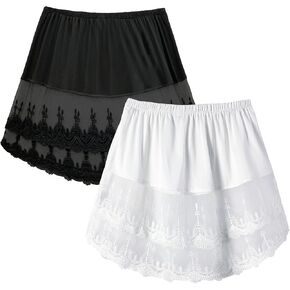 OBBUE Women's 2 Pcs Mini Adjustable Lace Shirt Extender Removable Layering Half Length Underskirt with Buttons