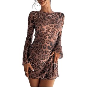 MakeMeChic Women's Leopard Print Dress Backless Mesh Bell Sleeve Dress Tie Back Mini Dress