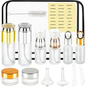 16 Pack Glass Travel Bottles for Toiletries, Tsa Approved Travel Size Containers, Mini Gold and Silver Travel Skincare Containers
