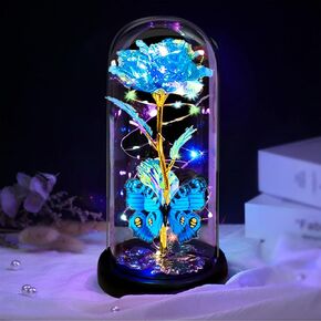 Valentines Day Gifts for Her,Valentines Day Rose Flowers Gifts,Valentines Presents for Wife Mom Girlfriend,Butterfly Birthday Gifts for Women,Purple Flower Light Up Rose in A Glass Dome Mothers Day