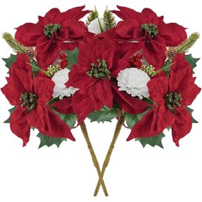 2 Pieces Artificial Poinsettia Flowers Christmas Flowers, Faux Red Velvet Poinsettia Carnation Bouquet Silk Poinsettia Flowers for Xmas Party Holiday Cemetery Wedding Decor