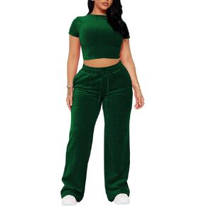 SMSN Women 2 Piece Outfits Velvet Sweatsuit Set Casual Short Sleeve Pullover Tops and Wide Leg Sweatpant Tracksuit Sets