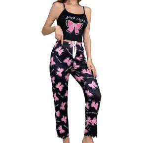 SweatyRocks Women's 2 Piece Pajama Sets Cute Graphic Crop Cami Top and Pants Lounge Set Sleepwear