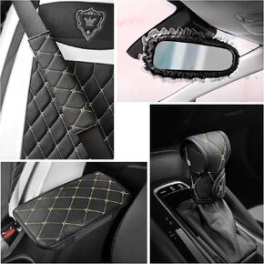 Car Armrest Box Pad Seat Belt Cover Shield Handle Cover Mirror Cover Set Auto PU Leather White Black Car Accessories Universal 4 Pieces (4-Piece Set-White)