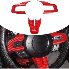 Blueshyhall Carbon Fiber Steering Wheel Cover Molding Trims Accessoriess for 2015-2023 F-ord Mustang, Red