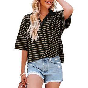 Dokotoo Tops for Women Striped 2025 Fashion Oversized T Shirts for Women Color Block Polo Shirts Basic Tee