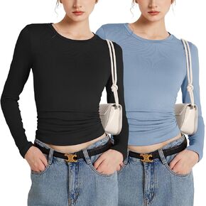 Long Sleeve Shirts for Women Pack Crew Neck Crop Tops Solid Slim Fit Tees Casual Basic Y2K Tshirts