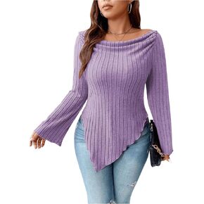 SOLY HUX Women's Plus Size T Shirts Boat Neck Off Shoulder Long Sleeve Asymmetrical Hem Tee Tops