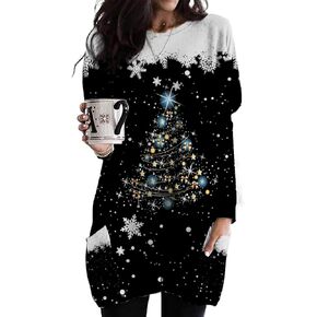 Womens Shirt with Pocket, Loose Casual Gift Tunic Tops, Long Sleeve T-Shirt Dress for Women