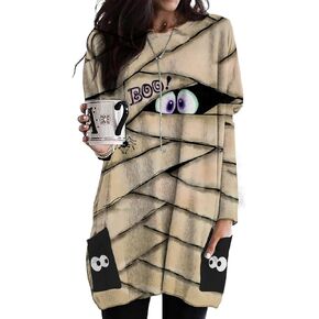 Womens Shirt with Pocket, Loose Casual Gift Tunic Tops, Long Sleeve T-Shirt Dress for Women