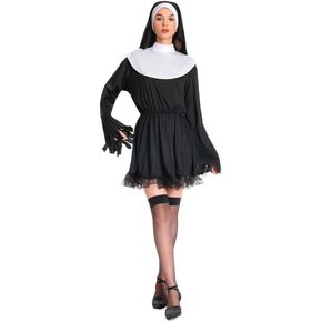 Adults Nun Costume Outfits for Halloween, Womens Holy Sister Priest Cosplay Dress Headpiece Set
