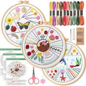 CDThinkingU Embroidery Kits Flowers for Beginners, 3 Sets Hand Embroidery Kits for Beginners Advanced Adults Kids with Hoop, Embroidery Cloth, Color Threads, Scissors, Tools & Instruction