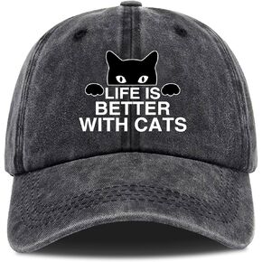 Life is Better with Cats,Funny Baseball Cap,Funny Hats,Cat Dad,Cat Mom,Cat Lover Hat,Funny Vintage Cotton Washed Baseball Caps,One Size Black