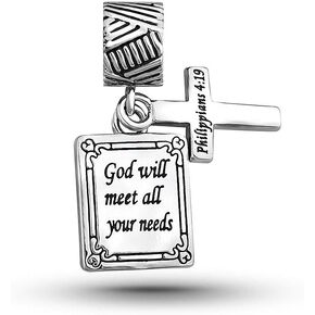 Cross Holy Bible Quote Double Dangle Charm fits Pandora Charms Bracelets for Women Engraved Bible Words Dangle Charm Jewelry