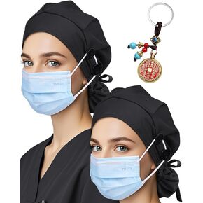 2 Pack Classic Scrub Caps for Women Ponytail, Satin Lined Surgical Caps for Women with Bottons & Sweatband