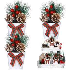Jexine 3 Set Christmas Tiered Tray Decor White Christmas Pine Cones Mini Potted Pine Cones Decor Farmhouse Plant Decor Items for Tiered Trays Farmhouse Artificial Plants Small Decor for Home