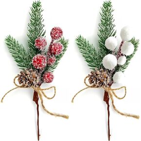 12 Pcs Christmas Artificial Snowy Pine Branches with Red Berry Stems Fake Greenery Pine Picks Artificial Red Berry Stems Artificial Pine Needles Acorn for DIY Christmas Garland Wreath Xmas Decoration