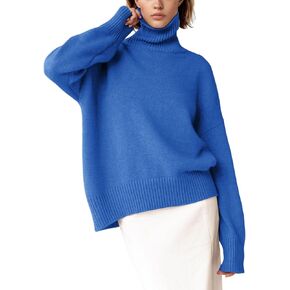 سترة Gihuo النسائية ذات الياقة المدورة كبيرة الحجم ومكتنزة وأكمام طويلة بلوفر محبوك 2024 ملابس عصرية للخريف والشتاء (أزرق-M) in Kuwait