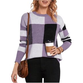 Women's Plaid Sweater Argyle Checkered Patterned Sweater Long Sleeve Round Neck Drop Shoulder Pullover Knit Top