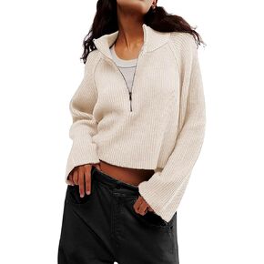 Half Zip Pullover Sweaters for Women Long Sleeve Mock Turtleneck Ribbed Knit Tops Fall Winter Loose Slouchy Jumpers (Beige-M)