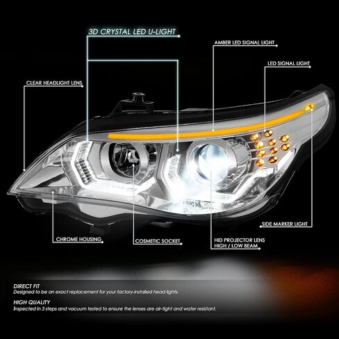 DNA MOTORING HL-3D-AFS-E6008-BK Pair of LED U-Halo Projector Headlights Compatible with BMW 528i 535i 550i M5 08-10 Not Fit Hatchback Model, Black Housing Clear Lens in Saudi Arabia