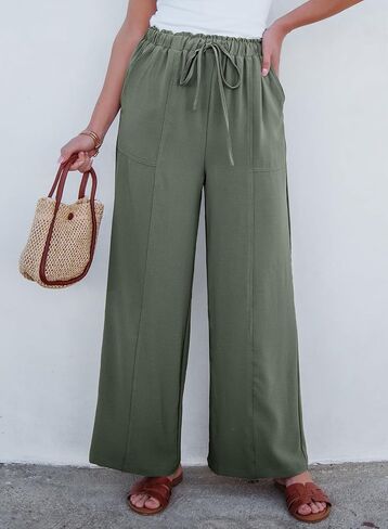 Dokotoo Women's Flowy Wide Leg Pants Casual Beach Pants High Waisted Drawstring Palazzo Trousers with Pockets in Saudi Arabia