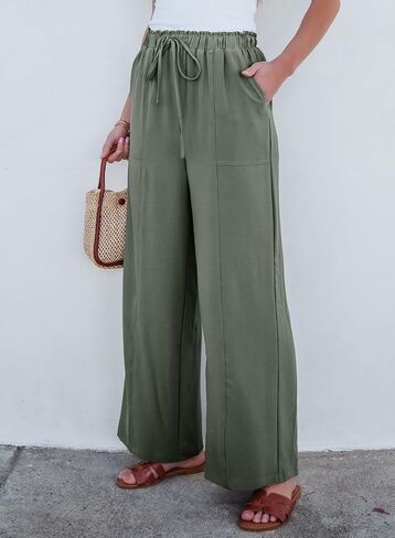 Dokotoo Women's Flowy Wide Leg Pants Casual Beach Pants High Waisted Drawstring Palazzo Trousers with Pockets in Saudi Arabia