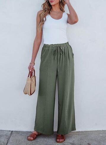 Dokotoo Women's Flowy Wide Leg Pants Casual Beach Pants High Waisted Drawstring Palazzo Trousers with Pockets in Saudi Arabia