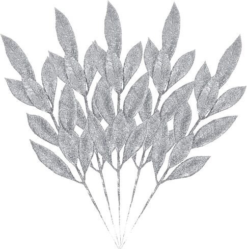 16Pcs Artificial Bay Leaves Glitter Bay Stems Christmas Tree Picks Sprays Ornaments for Xmas Tree Wreath Table Centerpiece Flower Arrangement Wedding, Party Home Decor, 35cm (Silver) in Saudi Arabia