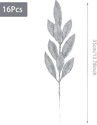 16Pcs Artificial Bay Leaves Glitter Bay Stems Christmas Tree Picks Sprays Ornaments for Xmas Tree Wreath Table Centerpiece Flower Arrangement Wedding, Party Home Decor, 35cm (Silver) in Saudi Arabia
