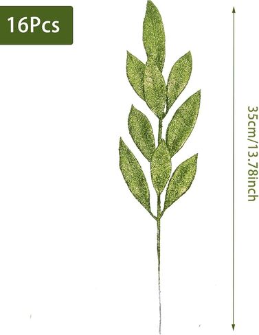 16Pcs Artificial Bay Leaves Glitter Bay Stems Christmas Tree Picks Sprays Ornaments for Xmas Tree Wreath Table Centerpiece Flower Arrangement Wedding, Party Home Decor, 35cm (Silver) in Saudi Arabia