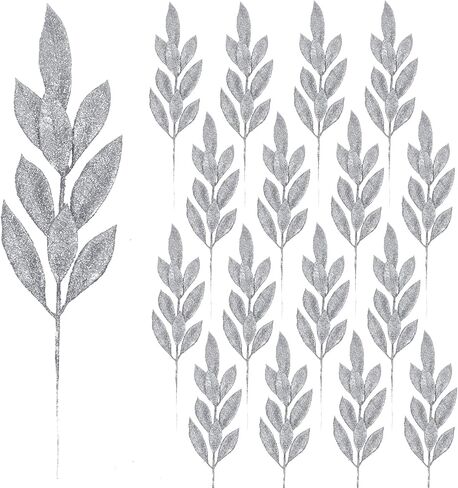 16Pcs Artificial Bay Leaves Glitter Bay Stems Christmas Tree Picks Sprays Ornaments for Xmas Tree Wreath Table Centerpiece Flower Arrangement Wedding, Party Home Decor, 35cm (Silver) in Saudi Arabia