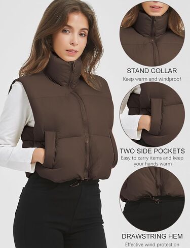 COZYPOIN Cropped Puffer Vest Womens Stand Collar Sleeveless Lightweight Padded Jacket Winter Warm Down Vests Jacket in Kuwait