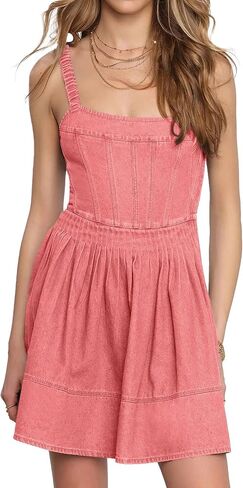 Beautiful Nomad Women's Sleeveless Strap Casual Denim Dress Waist Tucks Bodycon Corset Tube Mini Dress in Saudi Arabia