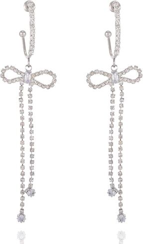 Bow Hoop Earrings for Women Gold/Silver Bow Statement Tassel Rhinestone Earrings Jewelry Gifts in Saudi Arabia