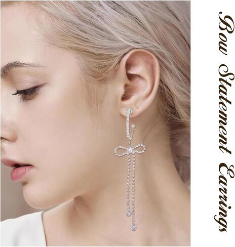 Bow Hoop Earrings for Women Gold/Silver Bow Statement Tassel Rhinestone Earrings Jewelry Gifts in Saudi Arabia