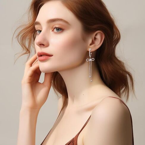 Bow Hoop Earrings for Women Gold/Silver Bow Statement Tassel Rhinestone Earrings Jewelry Gifts in Saudi Arabia