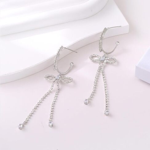 Bow Hoop Earrings for Women Gold/Silver Bow Statement Tassel Rhinestone Earrings Jewelry Gifts in Saudi Arabia