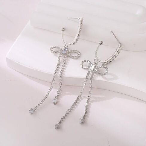 Bow Hoop Earrings for Women Gold/Silver Bow Statement Tassel Rhinestone Earrings Jewelry Gifts in Saudi Arabia